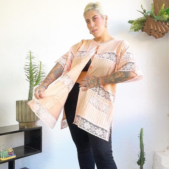 PINTUCKED 70’s 70s Vintage PEACH LACE MEXICAN Tunic Swim Cover Top Blouse Xl XXL - Picture 6 of 10